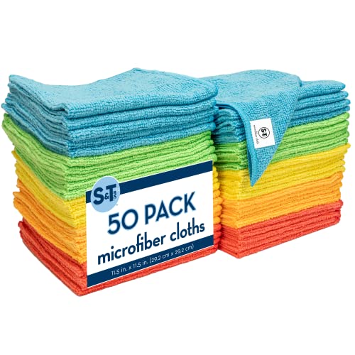 A stack of colorful microfiber cleaning cloths in blue, green, yellow, and orange, each measuring 11.5 x 11.5 inches.