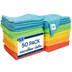 A stack of colorful microfiber cleaning cloths in blue, green, yellow, and orange, each measuring 11.5 x 11.5 inches.
