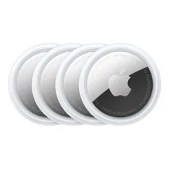 A set of four Apple AirTags, round tracking devices with white and metallic finishes, used for locating personal items via Bluetooth and Ultra Wideband technology.