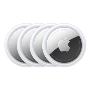 A set of four Apple AirTags, round tracking devices with white and metallic finishes, used for locating personal items via Bluetooth and Ultra Wideband technology.