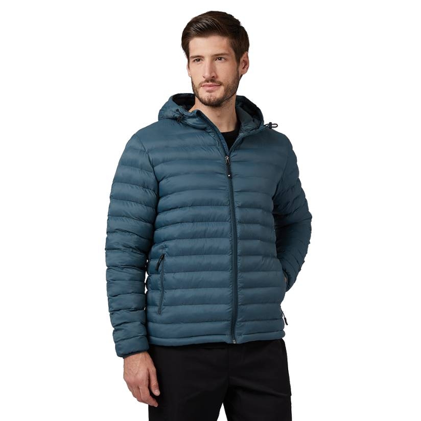 A man is wearing a teal packable hooded jacket with horizontal quilting. The jacket features a front zipper, side pockets, and a hood with drawstrings.