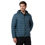 A man is wearing a teal packable hooded jacket with horizontal quilting. The jacket features a front zipper, side pockets, and a hood with drawstrings.