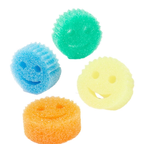 Four colorful smiley face cleaning sponges are displayed: one each in green, blue, yellow, and orange.