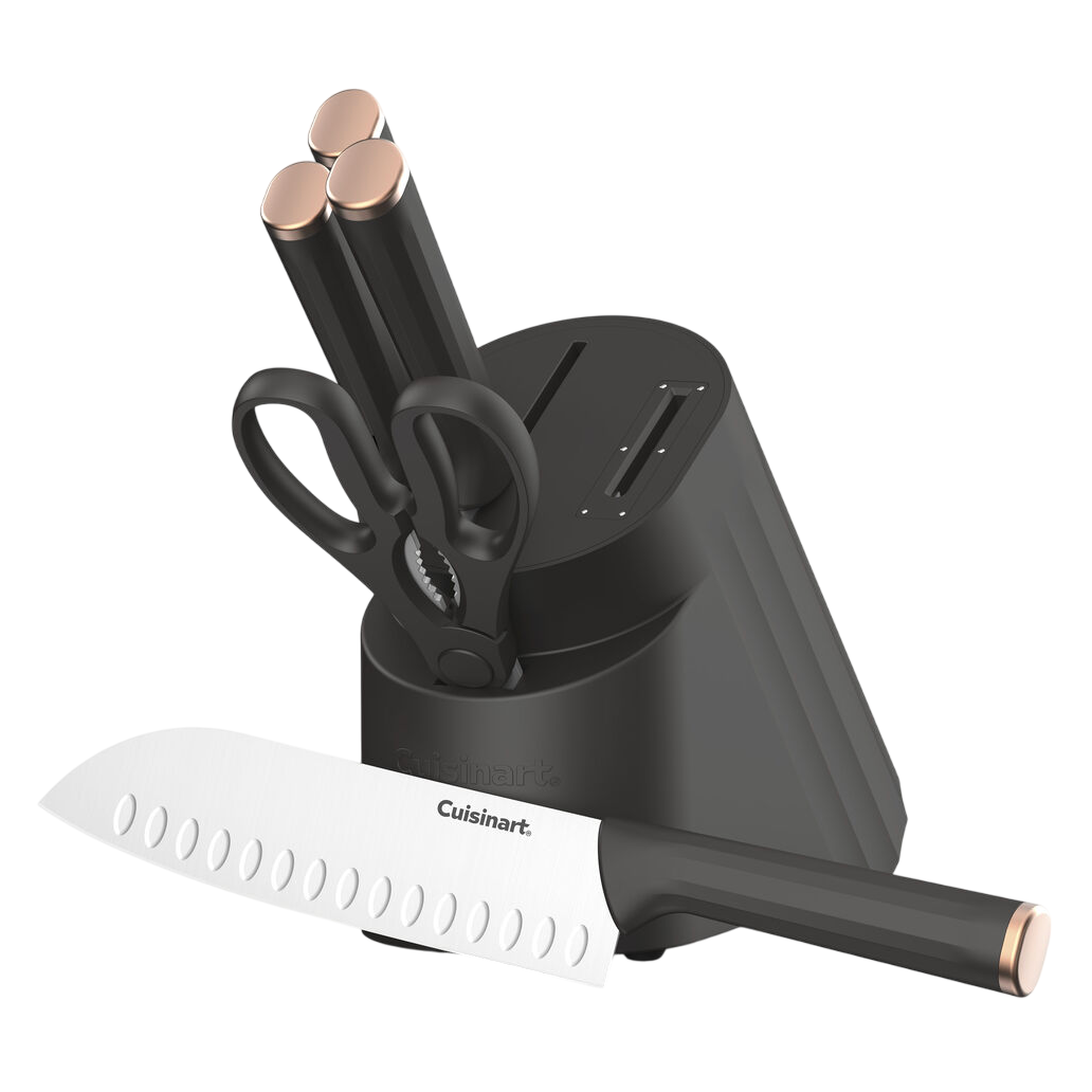 A Cuisinart knife set with a black block, three knives, kitchen scissors, and slots for sharpening. The knives have black handles with copper accents.