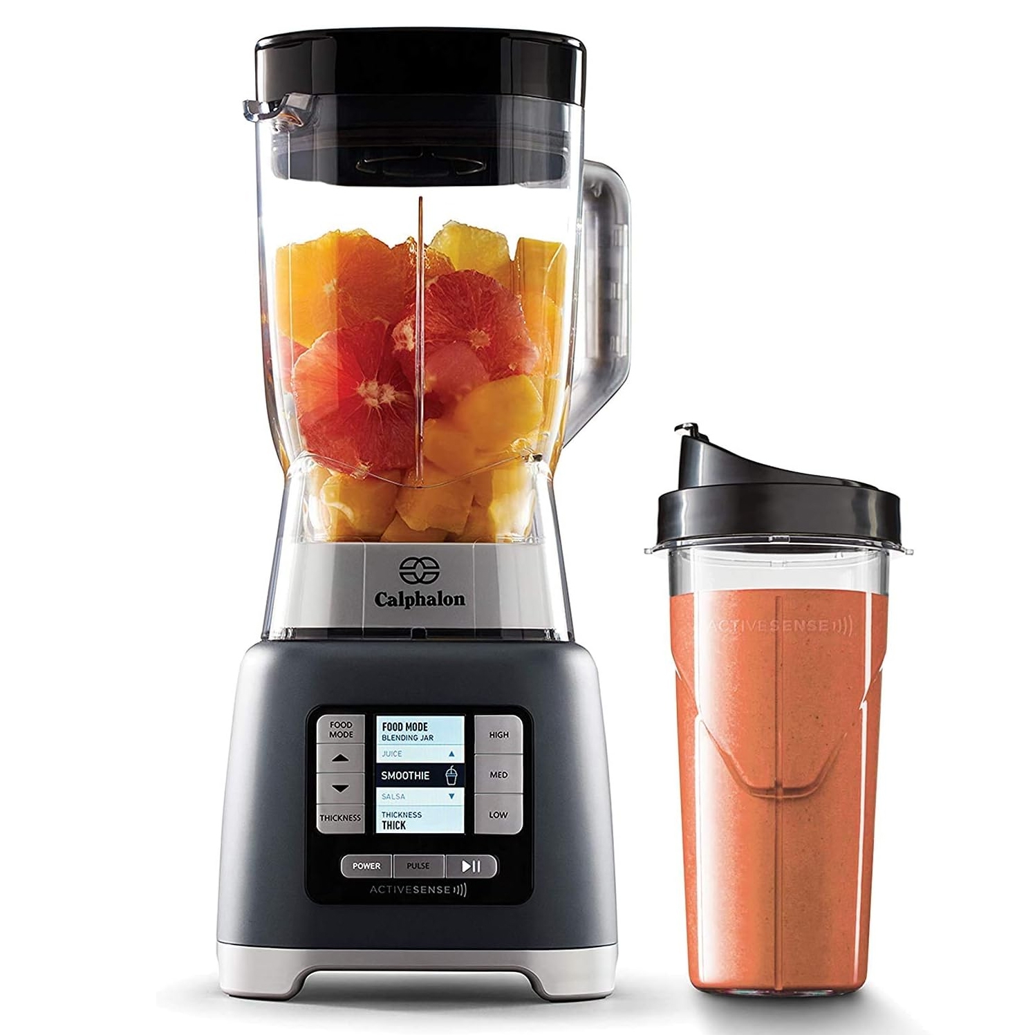 Calphalon blender with ACTIVEsense technology, featuring a blending jar filled with assorted fruits and a separate smoothie cup.