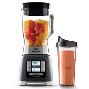 Calphalon blender with ACTIVEsense technology, featuring a blending jar filled with assorted fruits and a separate smoothie cup.