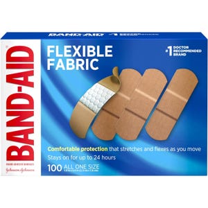 Band-Aid Flexible Fabric, 100 count, provides comfortable protection with bandages that stretch and flex, staying on for up to 24 hours. Size: 1.0 in x 3.0 in (2.5 cm x 7.6 cm).