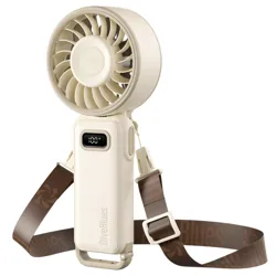 A portable beige fan with a digital display and a brown strap, labeled \“DiveBlues.\“