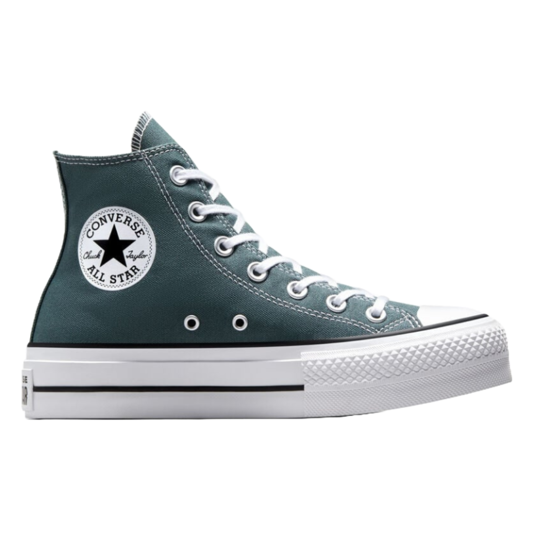 A teal Converse Chuck Taylor All Star high-top sneaker with a platform sole, featuring a round logo patch on the side, white laces, and a white rubber sole with black stripes.