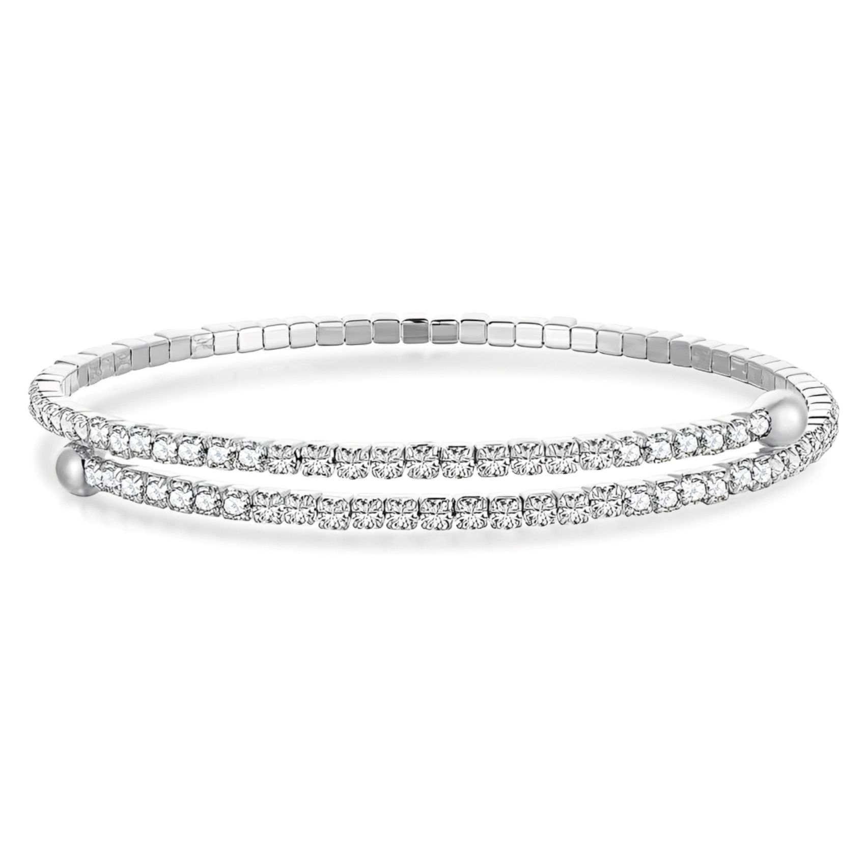 A silver-tone double-row tennis bracelet features two parallel rows of closely set, sparkling gemstones, likely cubic zirconia, on a flexible band.