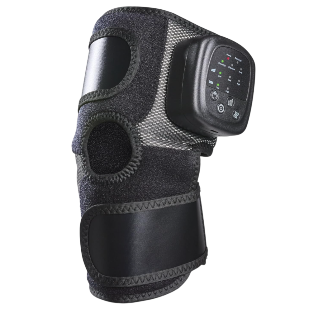 A black knee brace with a digital control module, featuring adjustable straps and a circular opening at the knee, designed for joint support and possible therapeutic functions.