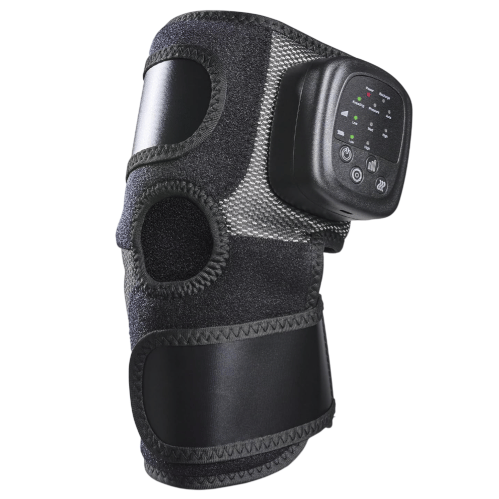 A black knee brace with a digital control module, featuring adjustable straps and a circular opening at the knee, designed for joint support and possible therapeutic functions.