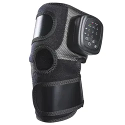 A black knee brace with a digital control module, featuring adjustable straps and a circular opening at the knee, designed for joint support and possible therapeutic functions.