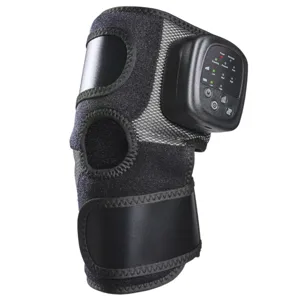 A black knee brace with a digital control module, featuring adjustable straps and a circular opening at the knee, designed for joint support and possible therapeutic functions.