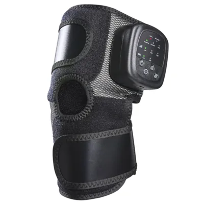 A black knee brace with a digital control module, featuring adjustable straps and a circular opening at the knee, designed for joint support and possible therapeutic functions.