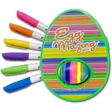 EggMazing Mini egg decorating kit includes a colorful striped egg spinner and six colored markers for creative designs.