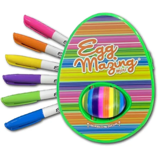 EggMazing Mini egg decorating kit includes a colorful striped egg spinner and six colored markers for creative designs.