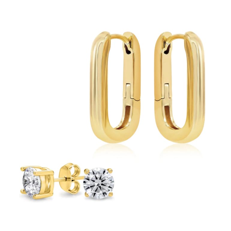 A pair of gold-colored hoop earrings alongside solitaire-style studs with round-cut stones set in a gold-tone metal.