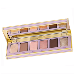 Tarte eyeshadow palette featuring six shades: treasure, worth, secret, keepsake, hidden, and antique. Each shade varies in neutral tones and finishes, housed in a gold-trimmed case with a mirror.