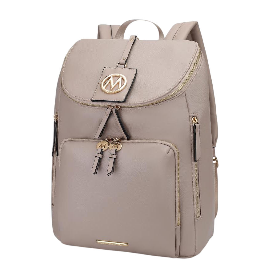 A tan leather backpack featuring gold accents, a flap closure with a decorative logo, and multiple zippered compartments for storage.