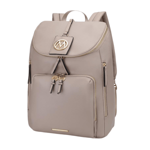 A tan leather backpack featuring gold accents, a flap closure with a decorative logo, and multiple zippered compartments for storage.