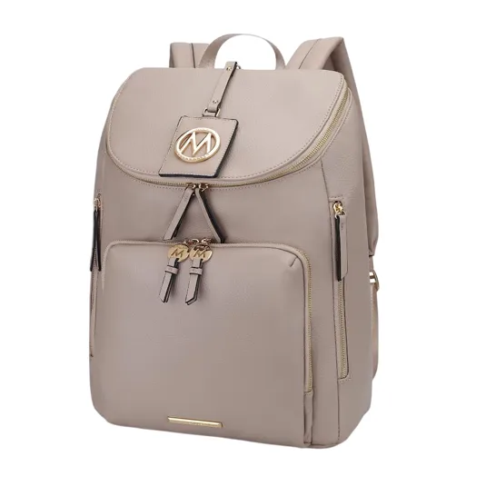 A tan leather backpack featuring gold accents, a flap closure with a decorative logo, and multiple zippered compartments for storage.