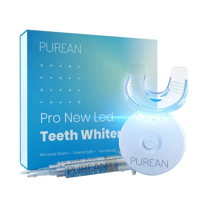 A teeth whitening kit with an LED mouthpiece and a syringe of whitening gel, packaged in a blue box labeled \“PUREAN Pro New Led Teeth Whitener.\“