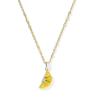 Gold necklace with a lemon-shaped charm made from three yellow stones and small diamond accents, featuring a beaded chain.