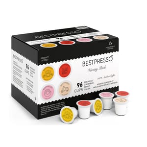 A box labeled \“BESTPRESSO Variety Pack\“ contains 96 coffee capsules in multiple colors, indicating different blends and flavors for use with a compatible coffee machine.