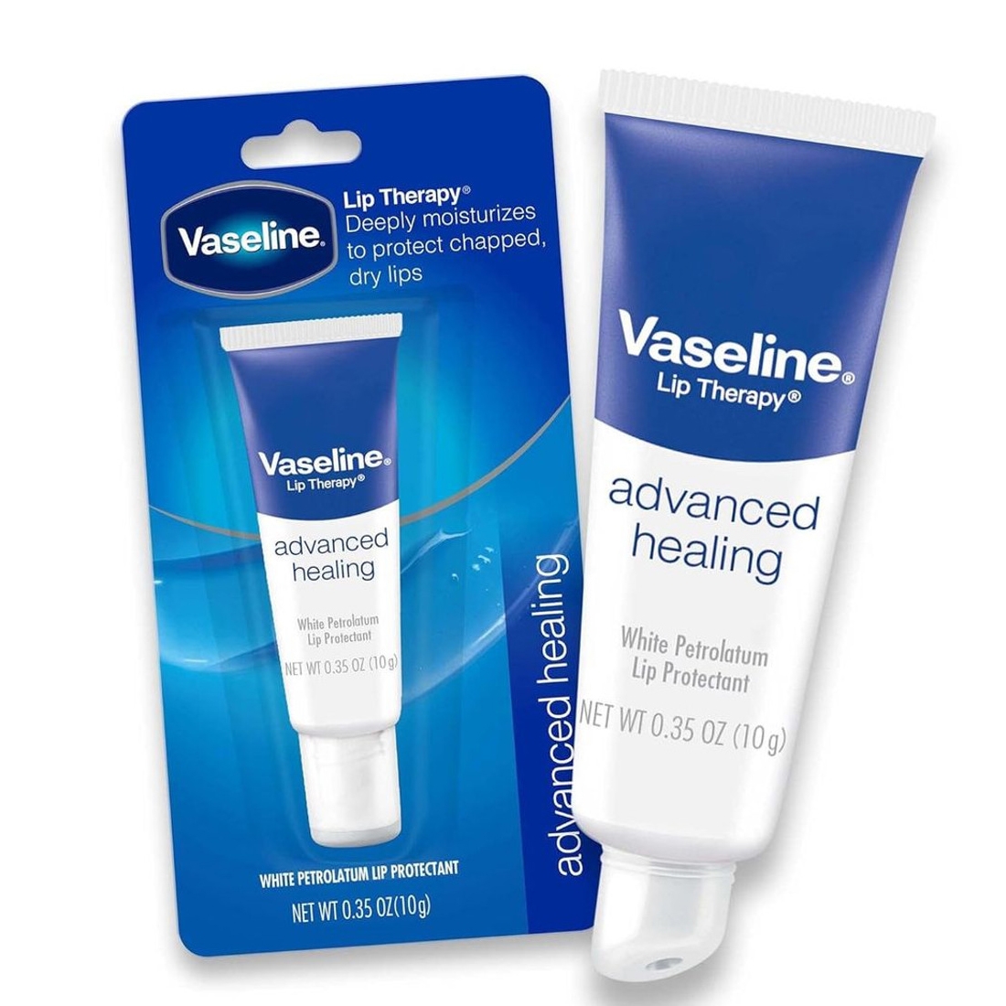 Vaseline Lip Therapy Advanced Healing contains three 0.35 oz tubes of white petrolatum lip protectant that deeply moisturizes to protect chapped, dry lips.