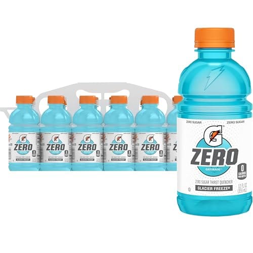 Gatorade Zero Glacier Freeze in a 12-pack of 12 fl oz bottles, featuring zero sugar.