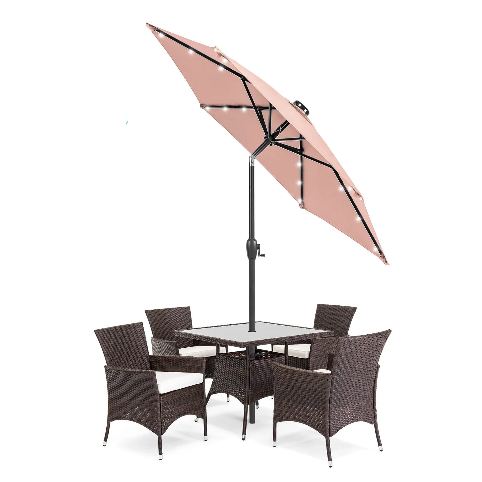 A patio set with a square table and four wicker chairs with cushions, featuring a pink umbrella equipped with LED lights.