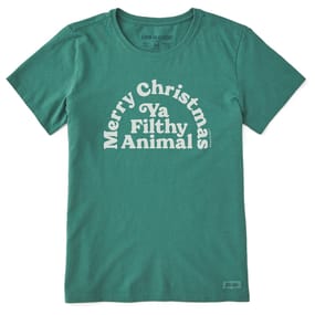 Green T-shirt with the phrase \“Merry Christmas Ya Filthy Animal\“ in white, arched across the chest. The fabric has a casual, comfortable look.