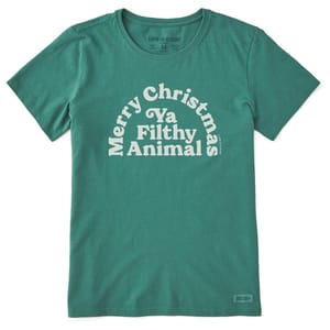Green T-shirt with the phrase \“Merry Christmas Ya Filthy Animal\“ in white, arched across the chest. The fabric has a casual, comfortable look.