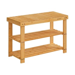 A bamboo 3-tiered shoe bench with slatted shelves and a flat top, featuring a natural finish and metal screws for stability.
