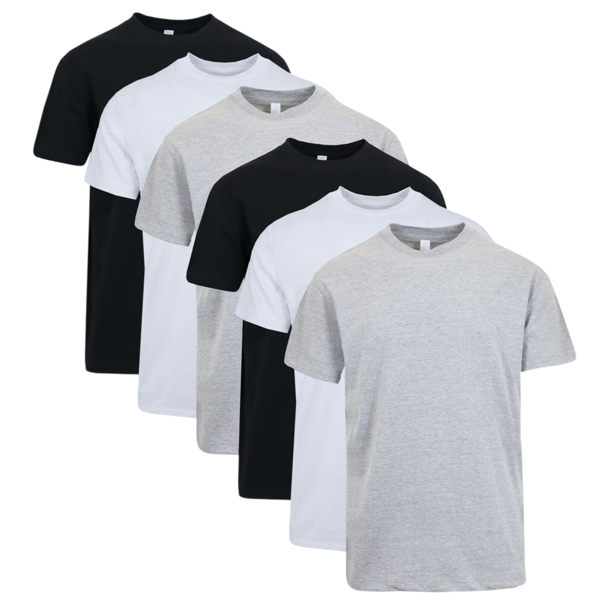 A set of five plain t-shirts in black, white, and gray colors.