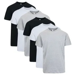 A set of five plain t-shirts in black, white, and gray colors.