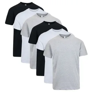 A set of five plain t-shirts in black, white, and gray colors.