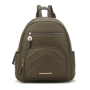 A stylish olive-green backpack with a quilted design, featuring a front zip pocket, side pockets, and a keychain attached to the zipper.