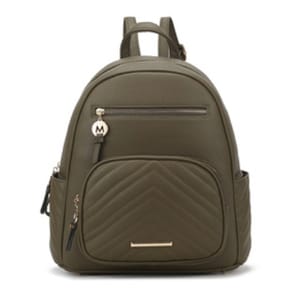 A stylish olive-green backpack with a quilted design, featuring a front zip pocket, side pockets, and a keychain attached to the zipper.