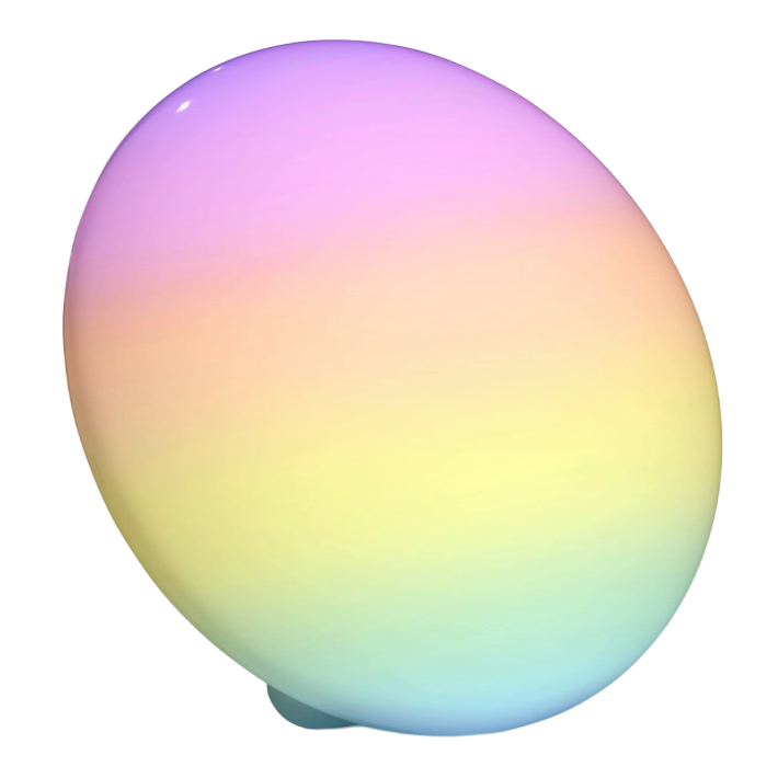 A pastel-colored, gradient-shaded egg shape with a glossy finish on a reflective surface, enclosed in a blue border.