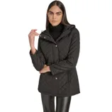 A woman wears a black quilted jacket with a hood and black leather pants. The jacket features a button closure and drawstring waist, paired with a black turtleneck underneath.