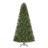 Artificial Christmas tree with built-in warm white lights, conical shape, and a metal stand.