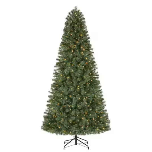 Artificial Christmas tree with built-in warm white lights, conical shape, and a metal stand.