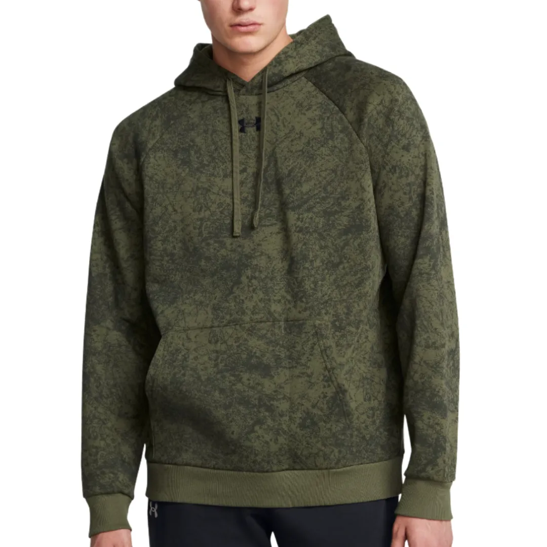 Green hooded sweatshirt with a textured pattern, featuring a front kangaroo pocket and ribbed cuffs and hem.
