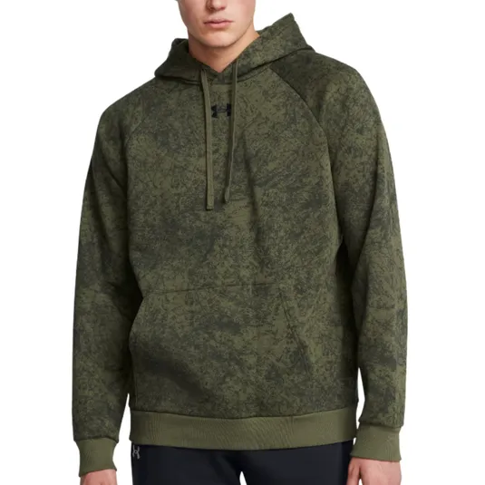 Green hooded sweatshirt with a textured pattern, featuring a front kangaroo pocket and ribbed cuffs and hem.