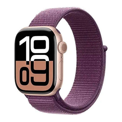 A series 10 Apple Watch with a rose gold faceplate and a purple sport band.
