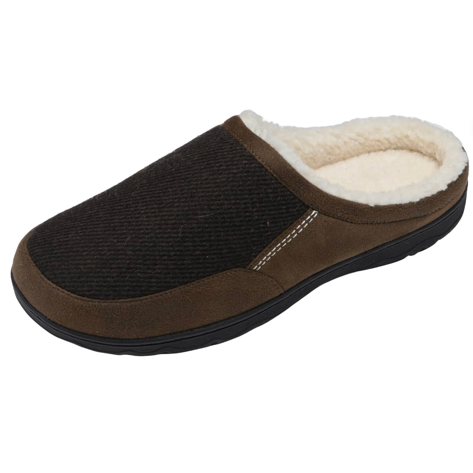 A brown slip-on house slipper features a textured upper, faux fur lining, and a black rubber sole for indoor use.