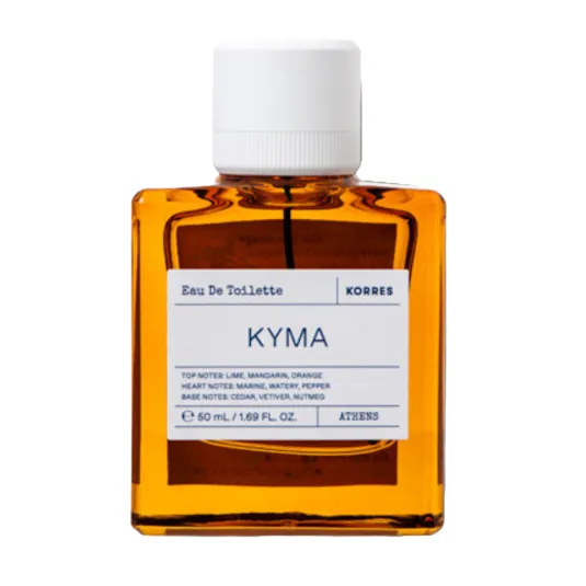 Korres Kyma Eau de Toilette is a 50 mL fragrance with top notes of lime, mandarin, and orange; heart notes of marine, watery, and pepper; and base notes of cedar, vetiver, and nutmeg.