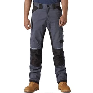 Gray and black work pants with reinforced knee patches, multiple pockets, and a straight leg fit. Paired with tan work boots.